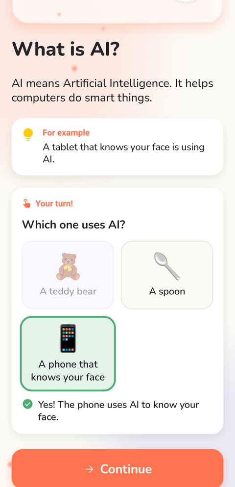 A tap activity asking Which one uses AI? The answer A phone that knows your face is marked correct.