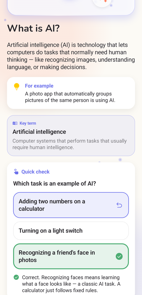 A chapter for ages 9 to 15 with the key term Artificial intelligence and a quick check question.