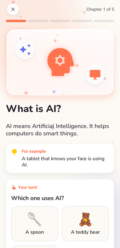 A chapter titled What is AI? with a big illustration and one short sentence.