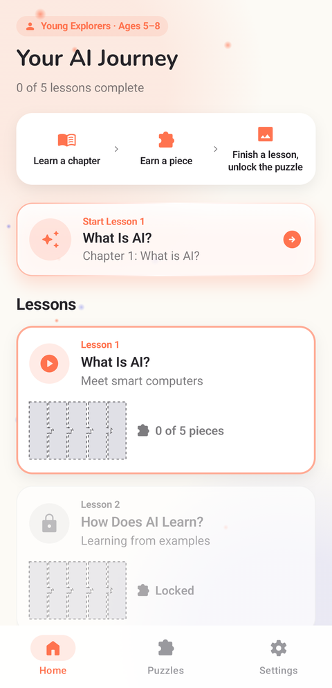 The app's home screen, Your AI Journey, with the first lesson What Is AI? ready to start.