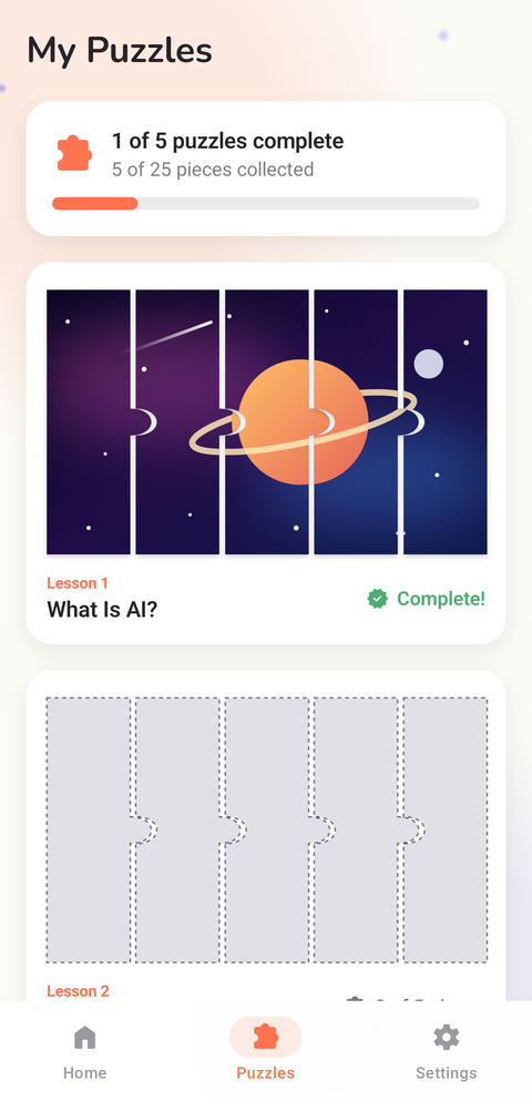 The My Puzzles screen, showing a finished space puzzle and the next one still to earn.