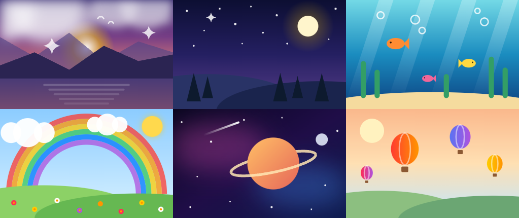Six puzzle pictures: a sunrise over mountains, a starry night, an underwater scene, a rainbow meadow, a planet in space, and hot-air balloons.