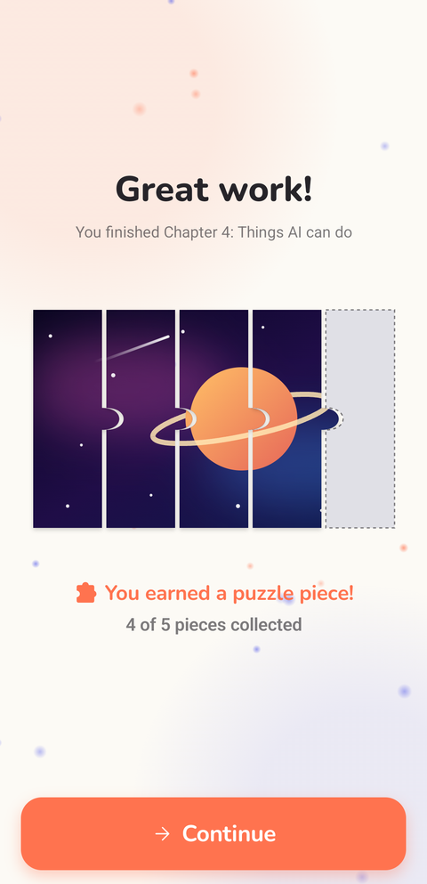 A Great work! screen: You earned a puzzle piece, 4 of 5 pieces collected.